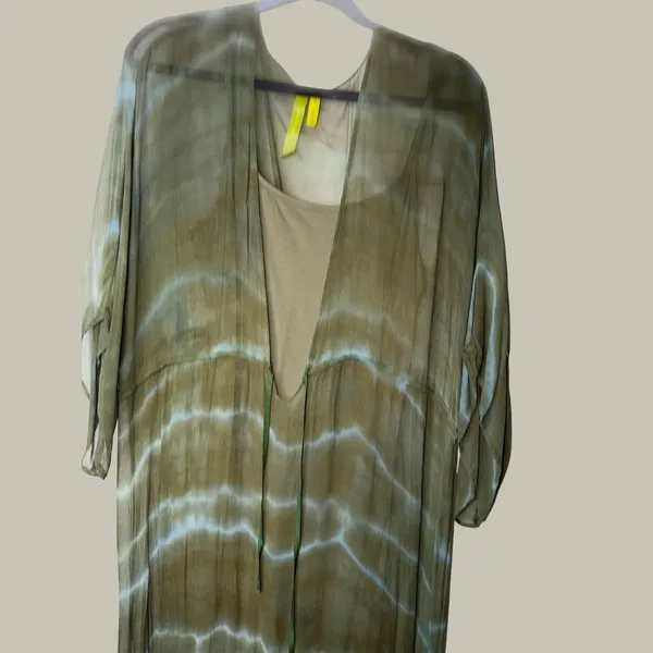 Green Dragon Tie Dye Maxi Dress Olive Green Boho Sheer Overlay Slip Dress L - Image 3