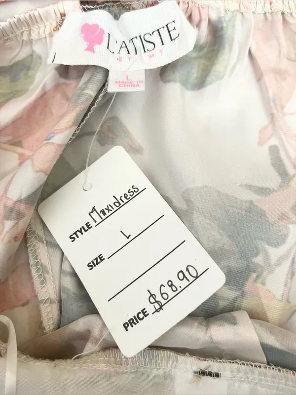 L'ATISTE Cream Floral Satin Halter Maxi Dress with Slit Size Large - Image 9