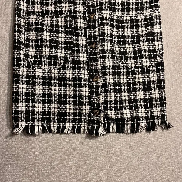 KORI Black White Plaid Tweed Fringe Overall‎ Mini Dress Size Large - Image 3