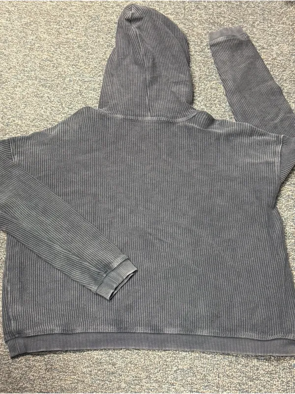 Aerie Charcoal Gray Ribbed Cropped Hoodie Size Small Oversized Pullover - Image 7