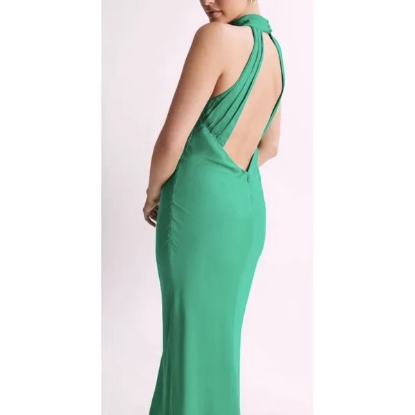 MESHKI Claire Satin Drape Back Maxi Dress in emerald green Size Medium - Image 3