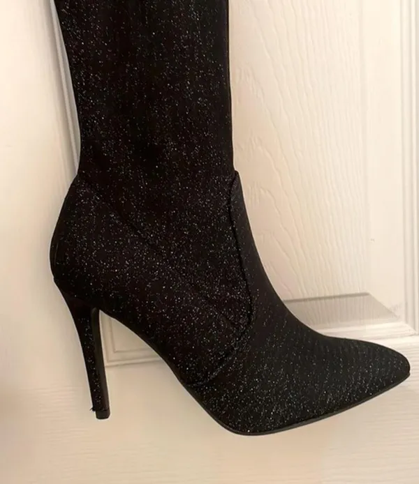 Jacobies Black Shimmer Thigh High Stiletto Boots - Image 4