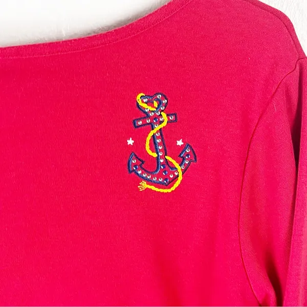 QUACKER FACTORY Red Long Sleeves Embellished Beaded Patriotic Top, Size Large - Image 5