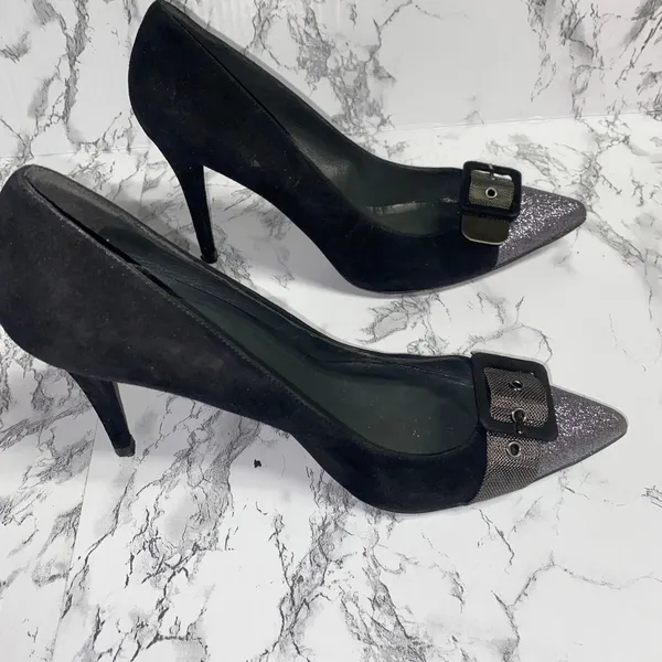 Stuart Weitzman Barrington Black Purple Glitter Buckle Heels Women's Size 9 - Image 12