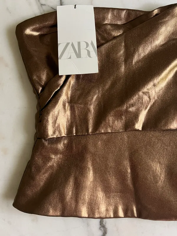 ZARA Metallic Bronze Ruched Tapered Strapless Top - Image 7