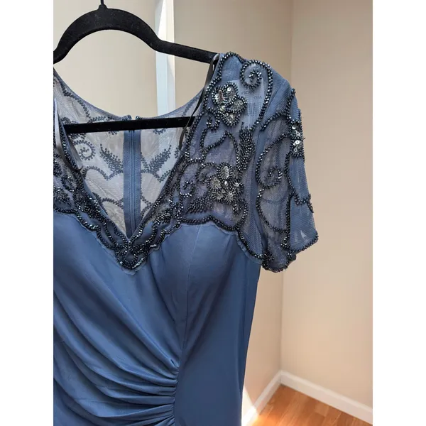 Xscape Carmen 5497X Gown Size 10 Charcoal Blue Beaded Mesh Ruched Formal NWT - Image 5