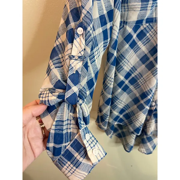 Free People Blue Cream Plaid Sheer Chiffon High Low Blouse Shirt Size Small - Image 5