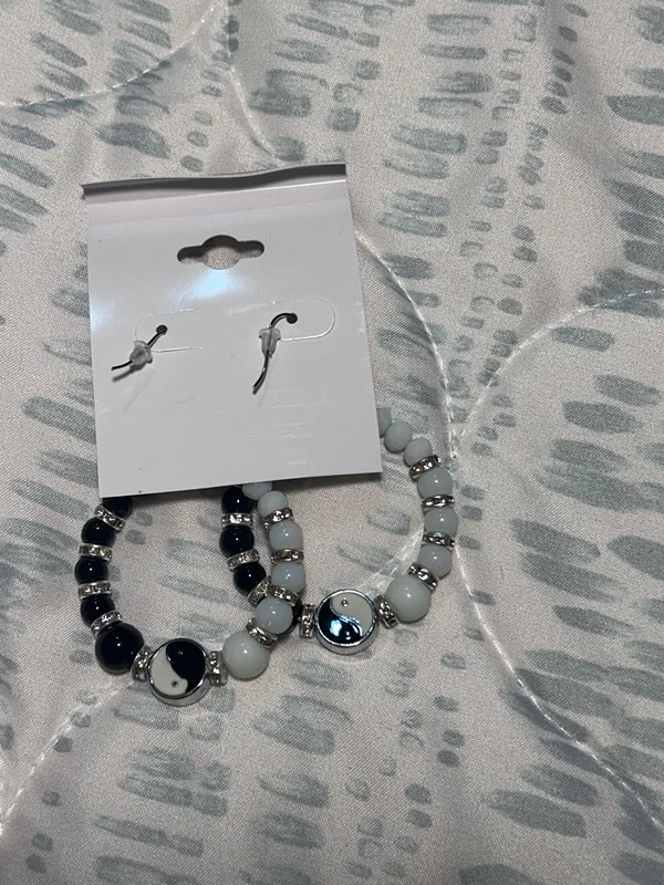 Beaded hoop earrings, Blossom brand, black and white yin yang design with silver accents - Image 5