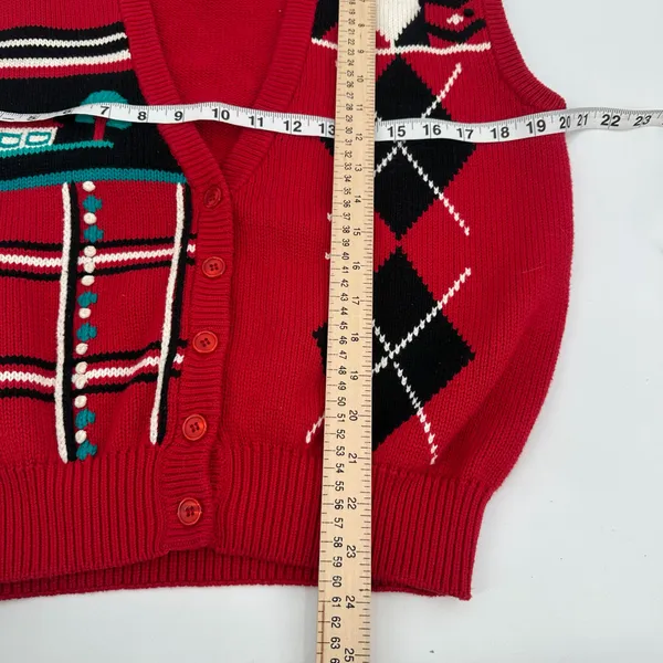 Vintage Koret Sweater Vest Women M Red Cotton Knit Argyle Tree House Cottagecore - Image 7