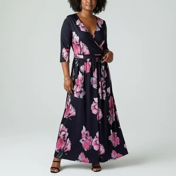 Pinup Fashion Black Pink Floral Faux Wrap Maxi Dress 24W NWT - Image 6
