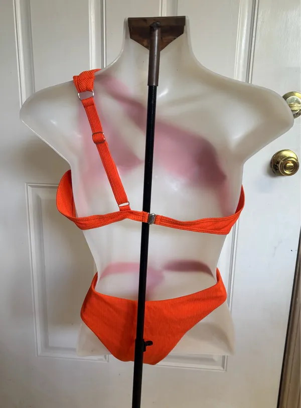 Large Shein Orange Ribbed Ruched One Shoulder Bikini - Image 2