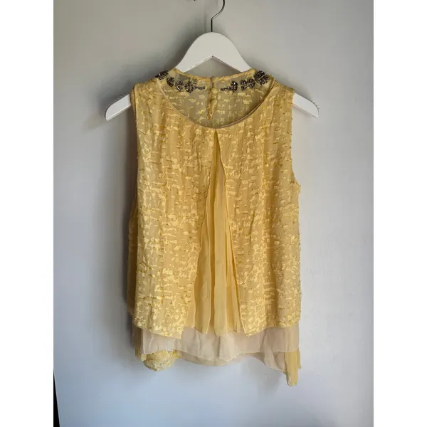 Peter Som Silk Blend Embellished Sleeveless Top Yellow Beaded Layered Blouse - Image 4