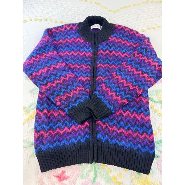 Vintage Kerri Kelsey Mohair Wool Zip Cardigan Sweater‎ Pink Purple Chevron Small - Image 2