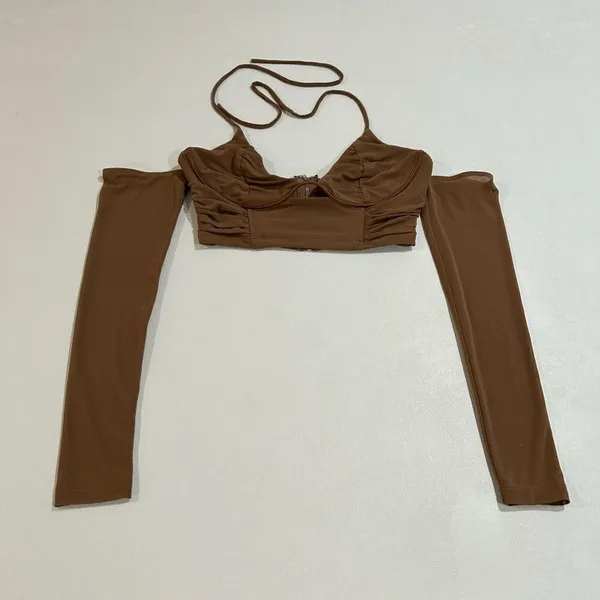 White Fox Chocolate Brown Off Shoulder Ruched Crop Top Size M Going Out - Image 2