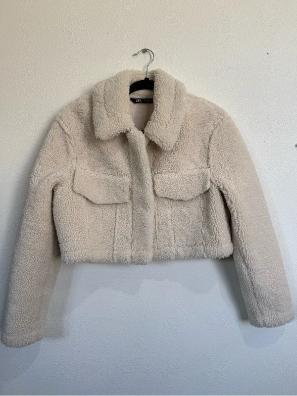 Zara Ivory Teddy Sherpa Cropped Trucker Jacket Quiet Luxury Cozy Winter Sz Small - Image 2
