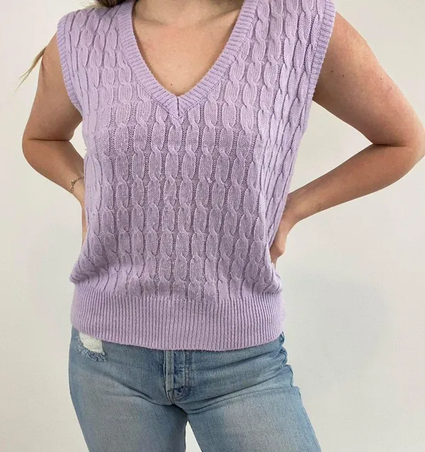 Vintage Pastel Cableknit Sweater Vest Purple - Image 2