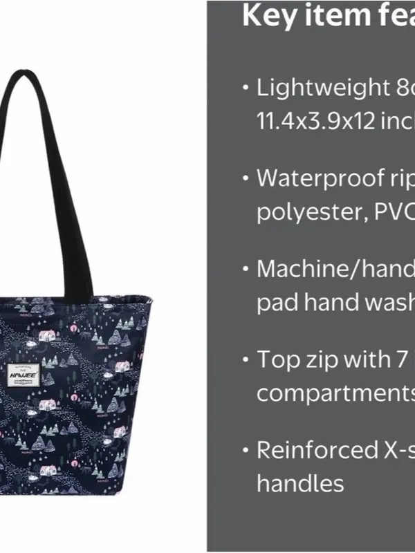 Waterproof Tote Bag Zip Top Multi Pocket Travel Work School Floral Navy - Image 6