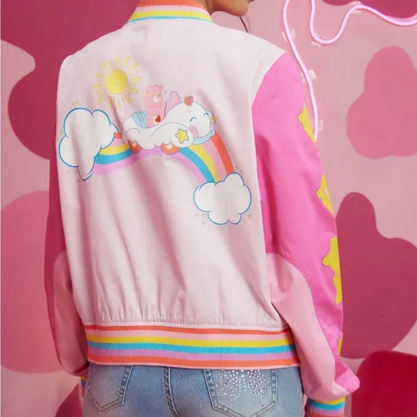 Hot Topic CARE BEARS Rainbow Varsity Bomber Racing Jacket Girls Juniors Size Medium NEW - Image 3
