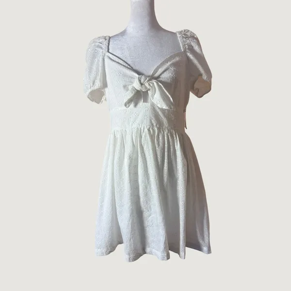 Bar‎ III Eyelet Mini Dress Womens 10 White New Tie Front Puff Sleeve Cotton - Image 2
