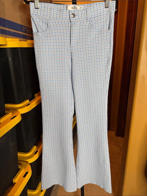 NWOT Hollister High-Rise Plaid Flare Pants Blue White Y2K Retro Stretch Sz Small - Image 3