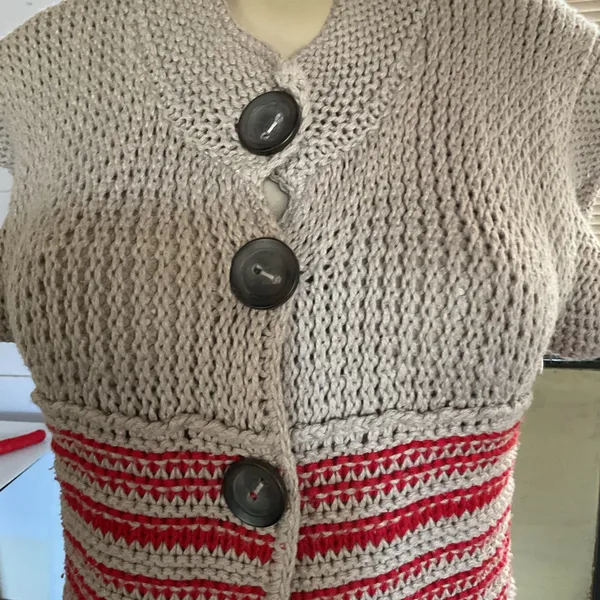 Free People Long Knit Sweater Vest Cardigan Button Front Striped Red Beige S - Image 5