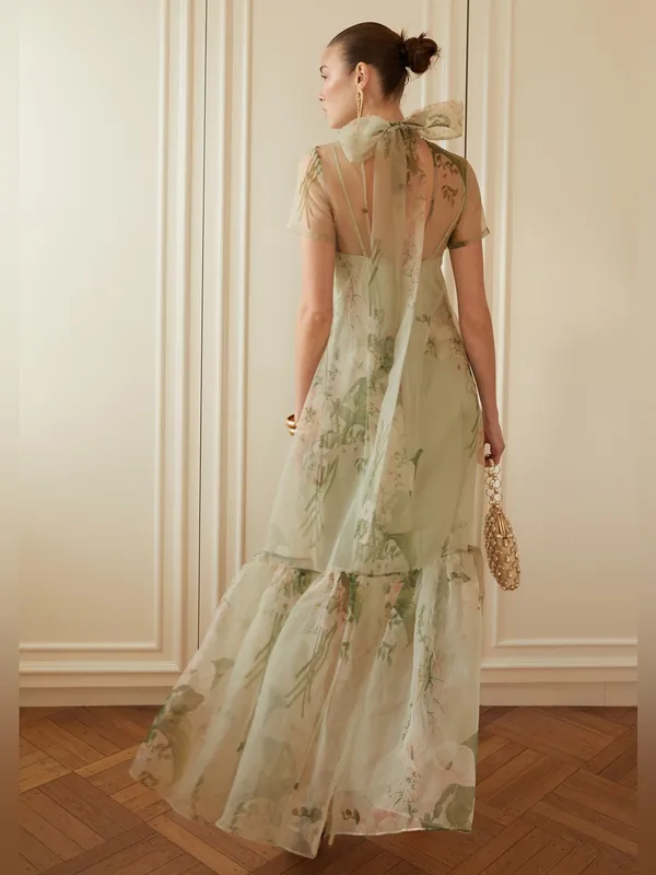 CAARA Melody Size M Green Floral Tie Neck Ruffle Hem Gown Dress Few Moda - Image 4