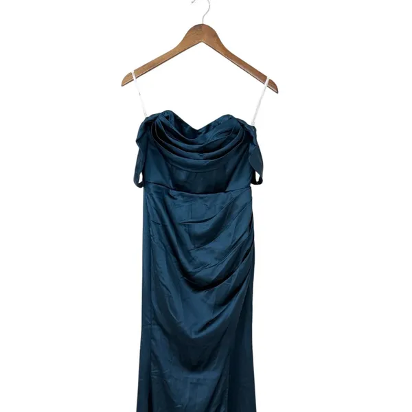 Lulus Stunning Arrival Dark Teal Satin Off-The-Shoulder Maxi Dress size M EUC - Image 5
