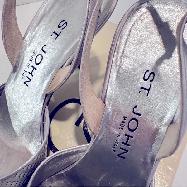St. John Slingback Pointy Toe Pumps Women's 7.5B Silver Leather Strap‎ Vintage - Image 3