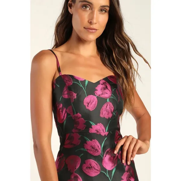 Lulus Pretty Blooms Black Floral Jacquard Sleeveless Mini Dress Size Large - Image 2