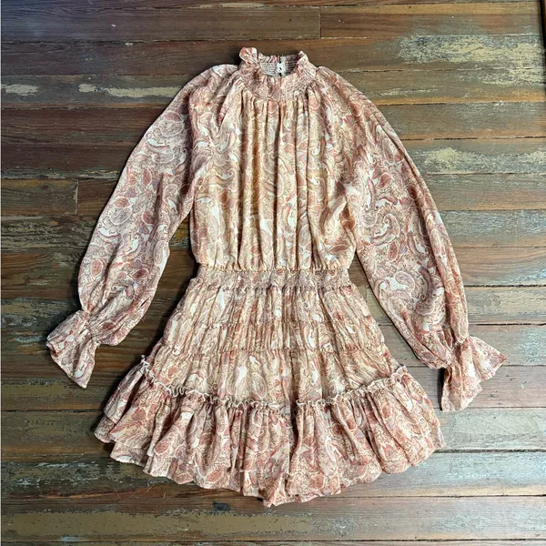 FATE Paisley Smocked Ruffle Neck Balloon Sleeve Flounce Mini Dress Sz S🧡🍄 - Image 8