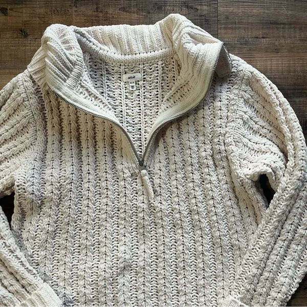 Aerie Womens Beige Cable Car Quarter Zip Knit Sweater Size XS - Image 2