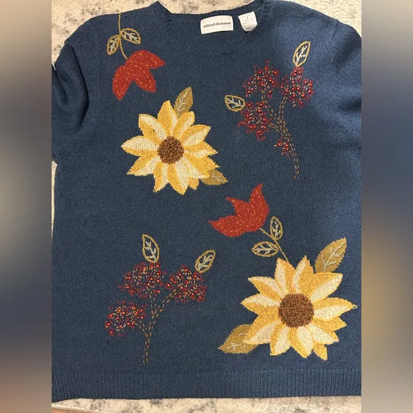 Vtg Alfred dunner Womens Navy Blue Autumn Sunflower Pullover Sweater cotton M - Image 6