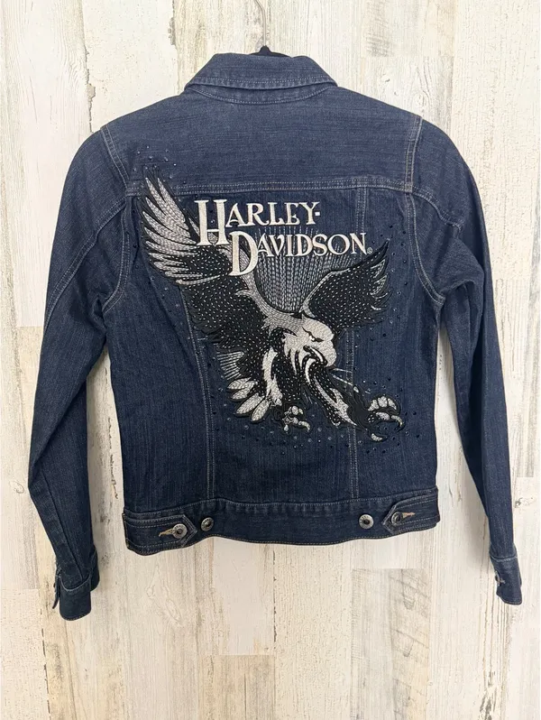 Harley-Davidson Women’s XS Denim Jacket Eagle Rhinestone Embroidered Moto - Image 12