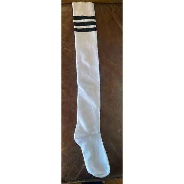 White Thigh-High Socks With Black 3-Stripe Over-Knee-One Size - Image 7
