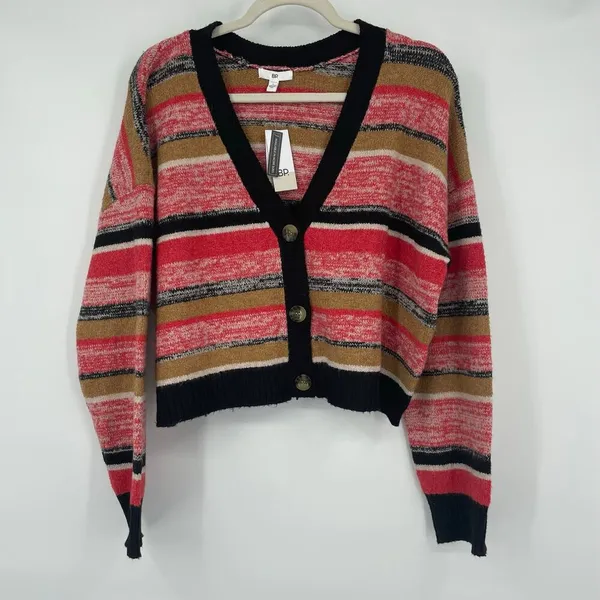 BP. Striped Crop Button Up Cardigan Sweater Marble Size Large NWT - Image 2