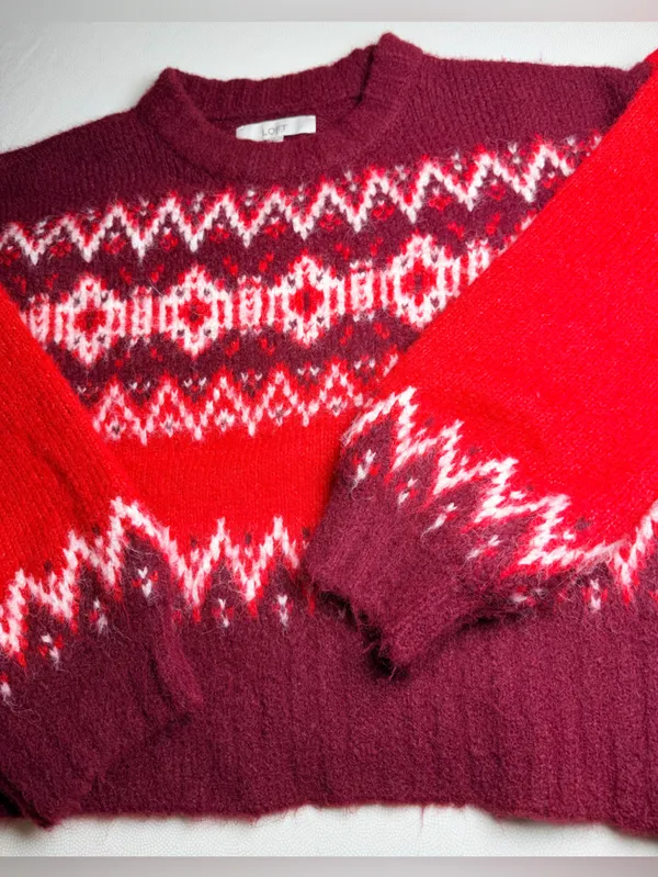 LOFT Women’s Fuzzy Fair Isle Oversized Sweater Small Red Burgundy Wool Blend - Image 6