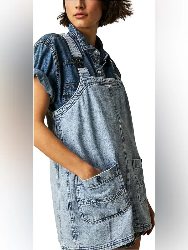 Free People We The Free Denim Overall Dress Indigo Medium - Image 12
