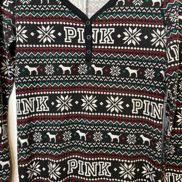 Pink by Victoria’s Secret Fair Isle Dog One Piece Pajamas Union Suit Size Medium - Image 4