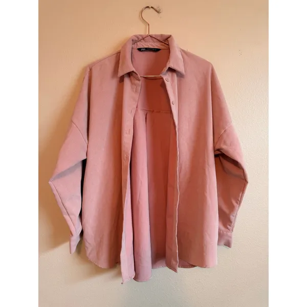 Zara‎ Corduroy Shirt Women Medium Pink Oversized Shacket Button Down Long Sleeve - Image 6
