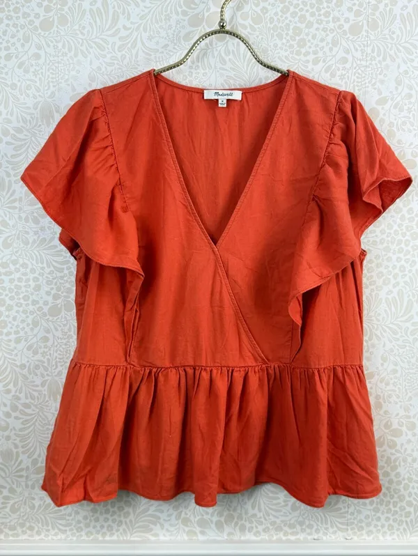 Madewell Rusted Clay Linen-Blend Flutter-Sleeve Peplum Top - Size - Medium - Image 2