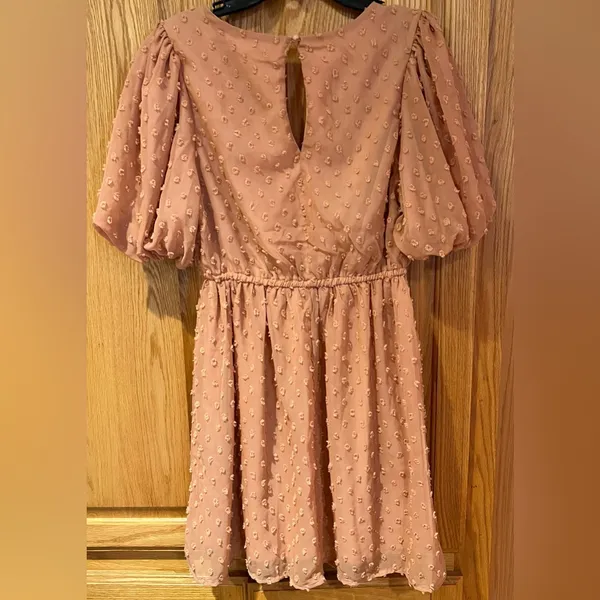 La Femme Pink Swiss Dot V-Neck Short Sleeve‎ Flowy Lined Mini Dress Size Small - Image 6
