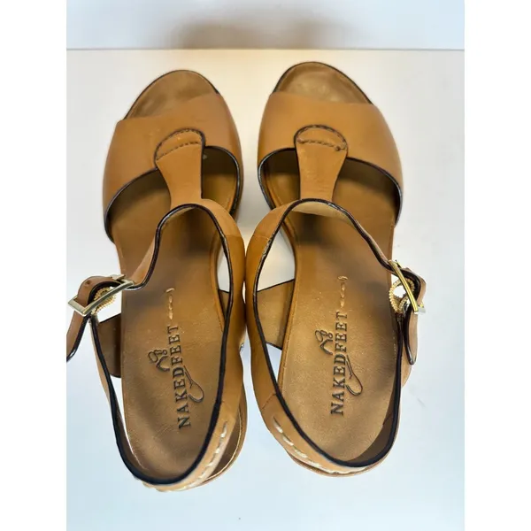 Naked Feet Bardi Platform Wedge Sandals Womens 7.5M Tan Leather T-Strap Summer - Image 6