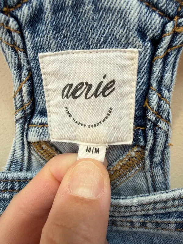 Aerie Baggy Cargo Denim Wide Leg Overalls Medium Wash Adjustable Straps - Image 3