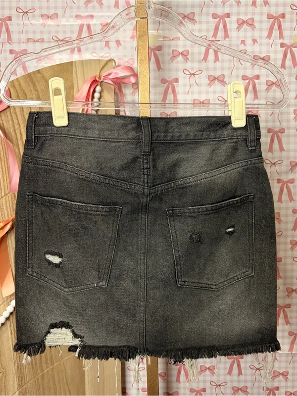 We The Free Relaxed & Destroyed Washed Black Distressed Denim Mini Skirt Classic - Image 3