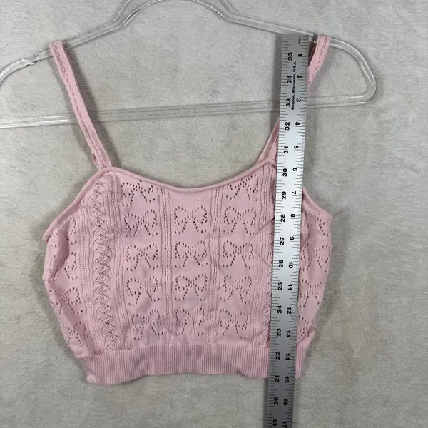 LoveShackFancy Pink Pointelle Bow Knit Cotton Cropped Cami Tank Top XS - Image 4