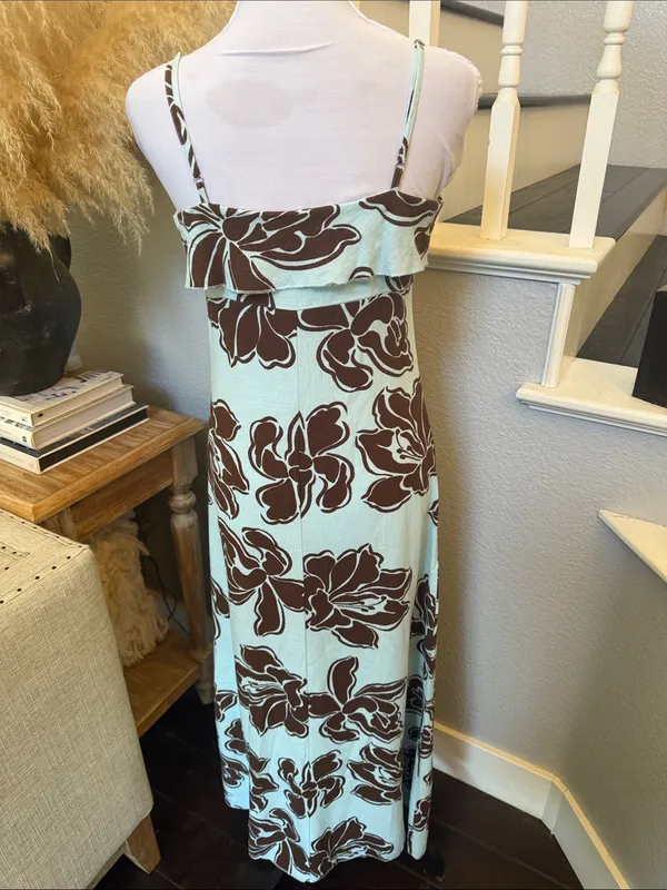 Anthropologie Paper Heart Blue Brown Linen Blend Floral Maxi Dress Size XS - Image 5
