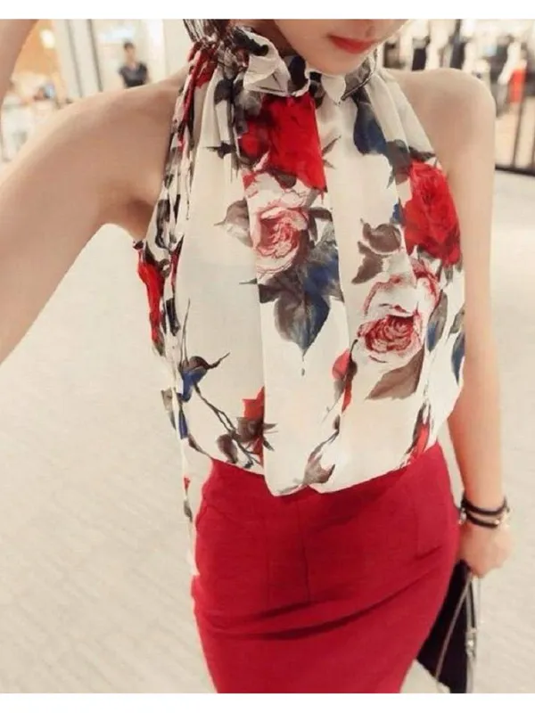 Womens Off White Floral Tank Top Blouse Large Sheer Sleeveless Boho Flow - Image 3
