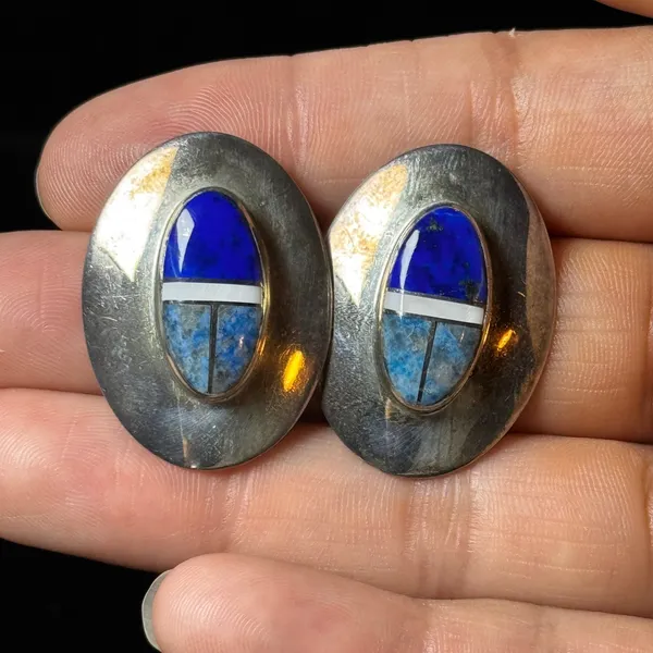 Vintage Southwestern Sterling Silver Lapis Inlay Oval Stud Earrings Boho Blue - Image 6