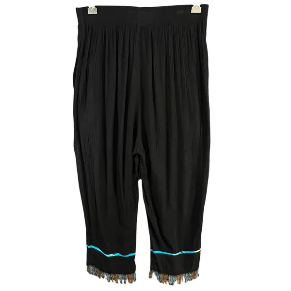 Vintage Key Lime Pie Pants Womens M Black Beaded Fringe High Rise Boho Festival‎ - Image 3