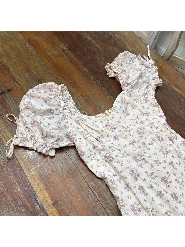 Lulus White Purple Green Floral Puff Sleeve Maxi Dress Small - Image 2